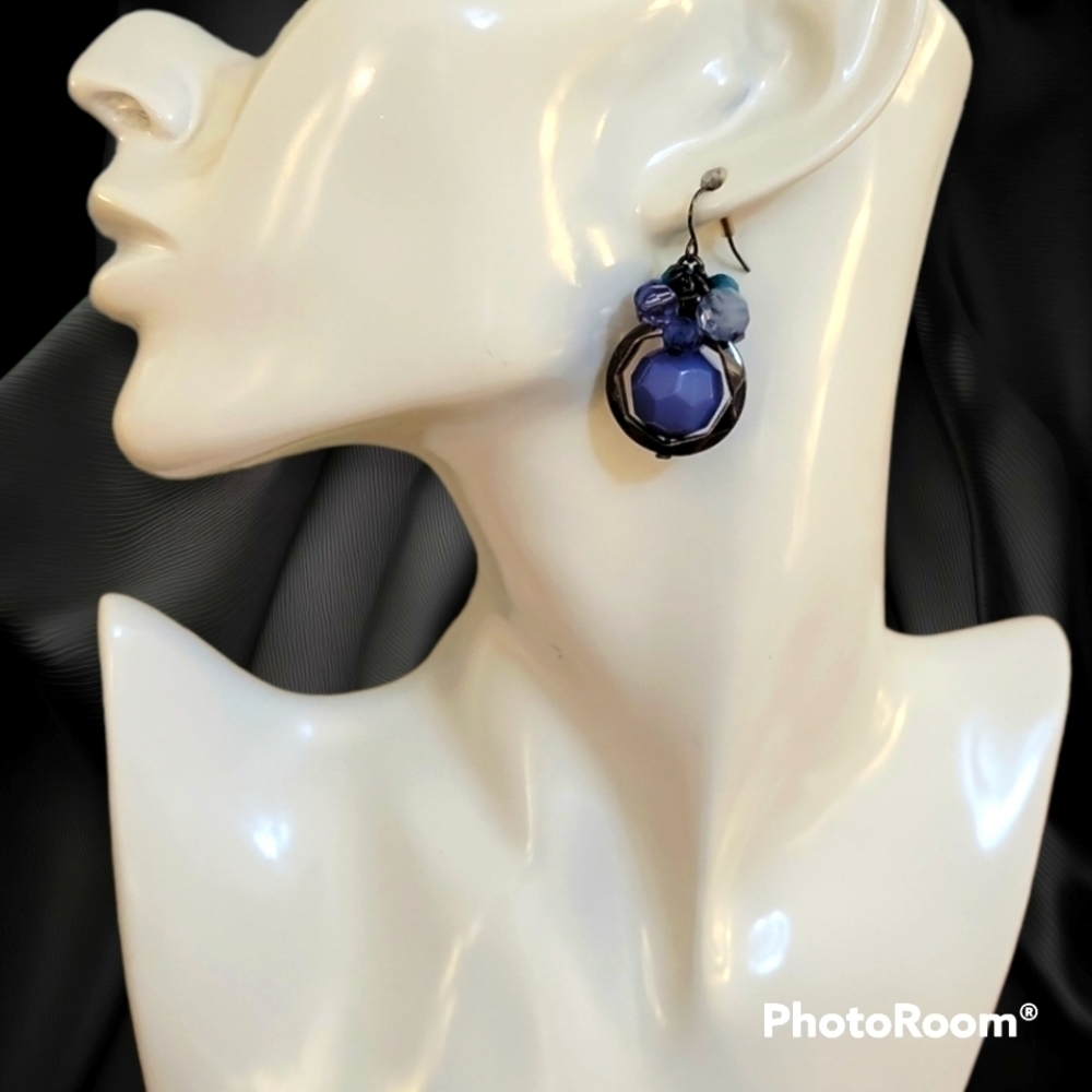 3/$30 Space Age Gunmetal Framed Beaded Cluster Dangle Hook Nebula Earrings
